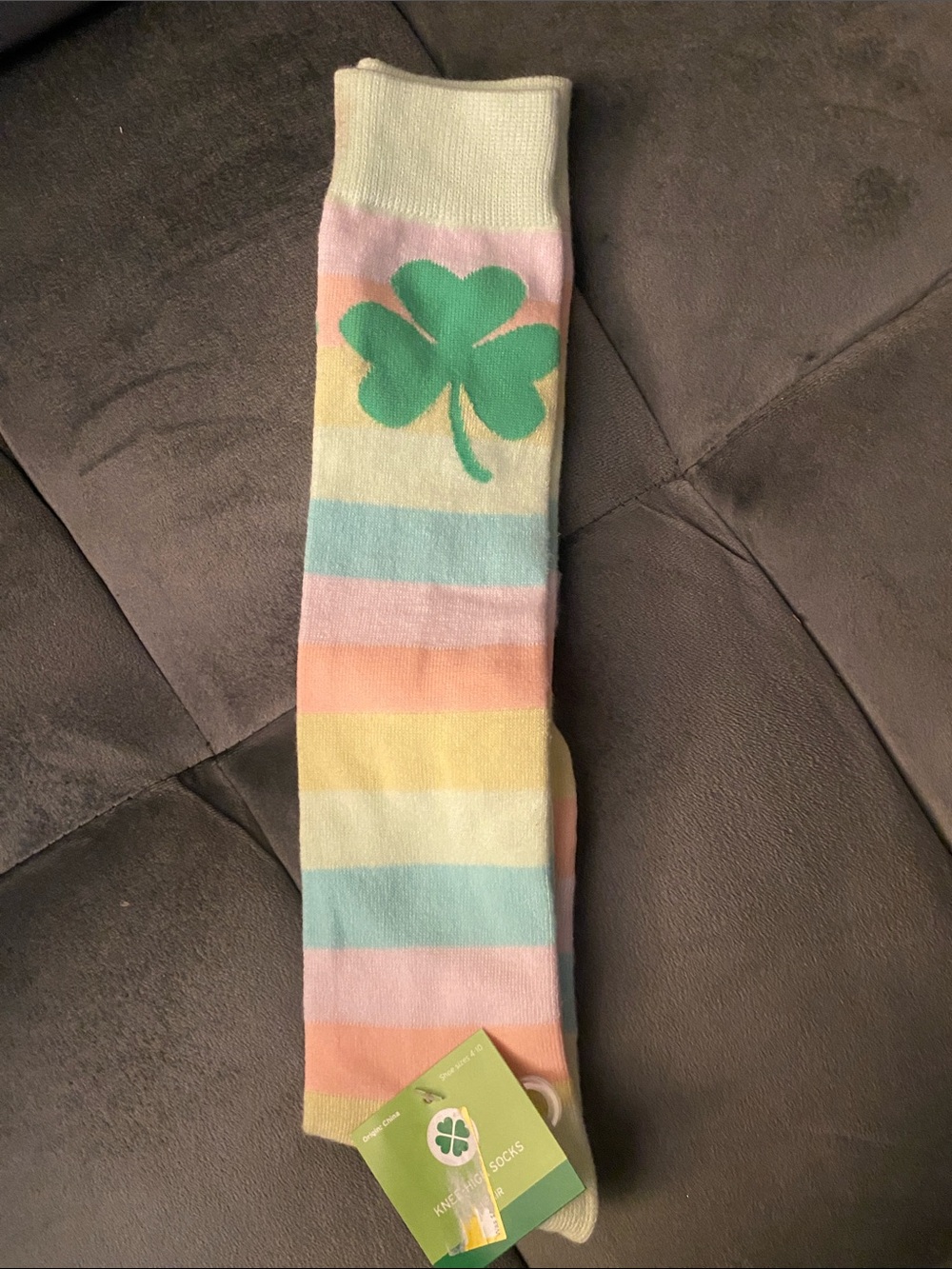Kids Pastel Striped Knee-High Socks with Green Clover